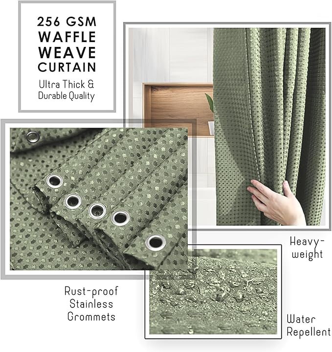 Clara Clark Sage Green Shower Curtain Set with Black Shower Caddy Hanging - Fabric Shower Curtains and Stainless Steel Shower Caddies, Bathroom Shower Curtain Sets with Corner Shower Caddy Dorm