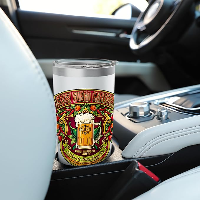 Spicy Fuego Cerveza Chili Texas Drinking Vintage Beer Label Stainless Steel Insulated Tumbler