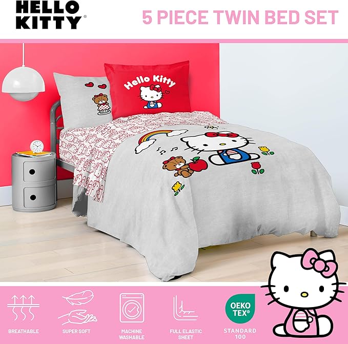 Jay Franco Sanrio Hello Kitty Twin Size Comforter Set - 5 Piece Red & Grey Bedding Includes Sheet Set & Pillow Covers - Super Soft Cozy Kawaii Bedding