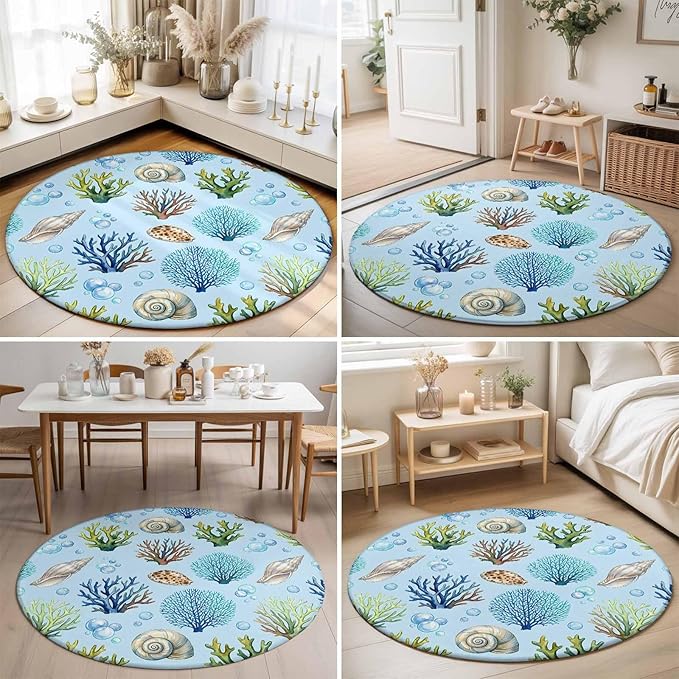 Washable Round Area Rug Coastal Shell Coral Bubble Circle Rugs Floor Carpet for Living Room Bedroom, Nautical Ocean Blue Underwater Scene Soft Non Slip Round Rug 3ft