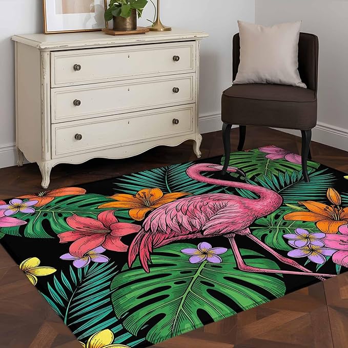Area Rug 4x6ft, Pink Flamingos Tropical Leaf Washable Rugs for Living Room Bedroom, Colorful Lily Blossom Floral Soft Non-Slip Area Rugs Rectangle Floor Carpet for Dining Room
