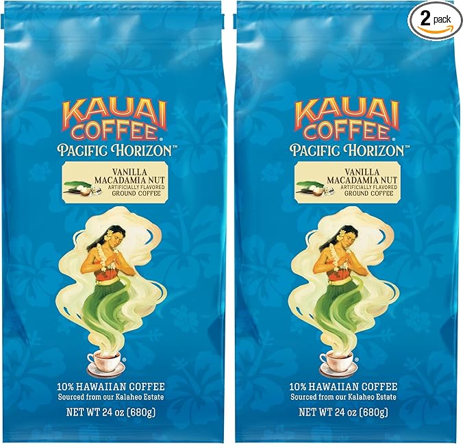 Kauai Coffee Ground Coffee – Smooth, Rich, Medium Roast – Slightly Sweet Nutty Flavor – Arabica-Coffee, 10% Hawaiian with No Bitterness – Vanilla Macadamia Nut, 24oz (Pack of 2)