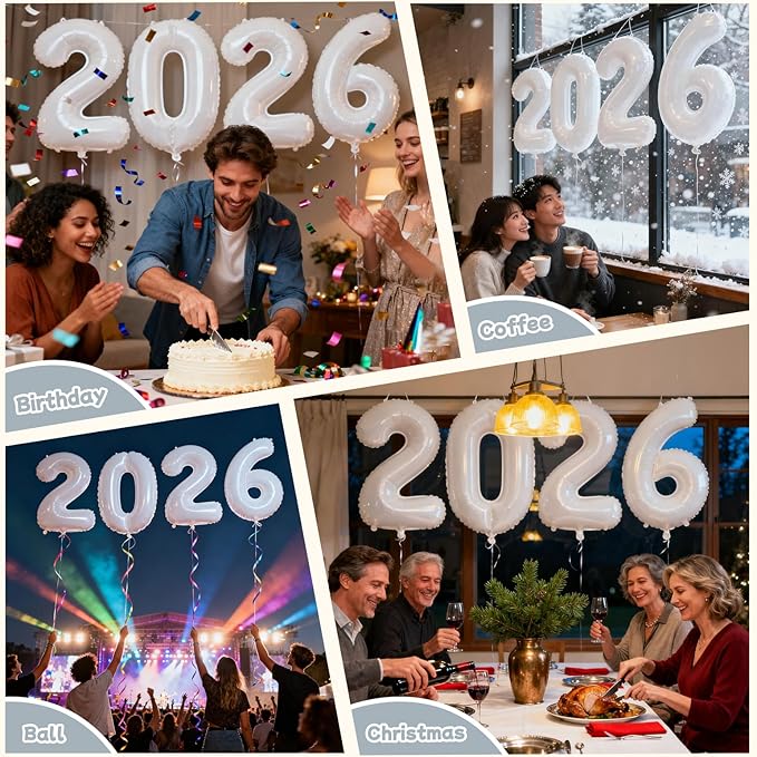 White 2026 Balloons, Large 32 Inch Foil 2026 Number Balloons, Grad Balloons for Class of 2026 Graduation Party, White Matellic Foil New Year Birthday Home Office Party Supplies