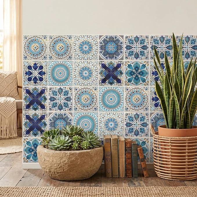 30 Pack, 4x4 Inch Moroccan Vinyl Decals, Blue and Gold Boho Mandala Peel and Stick Wall Stickers for Kitchen, Bathroom, Stairs & Furniture