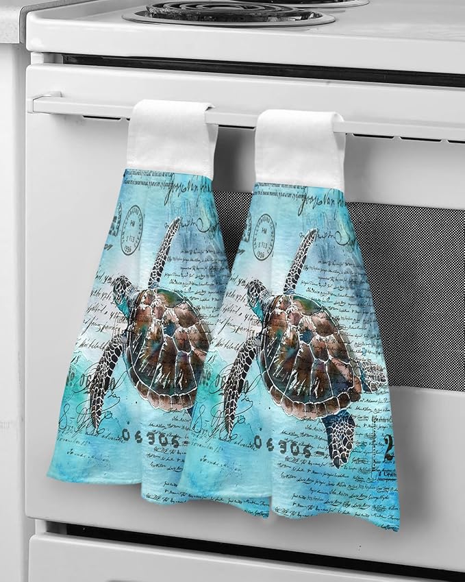 Alandar Home Kitchen Tie Towel Set of 1, Summer Watercolor Ocean Turtle Absorbent Soft Hand Towels for Bathroom Hanging Towels, Retro Stamp Letter Texture on Blue Fast Drying Cleaning Cloth with Loop