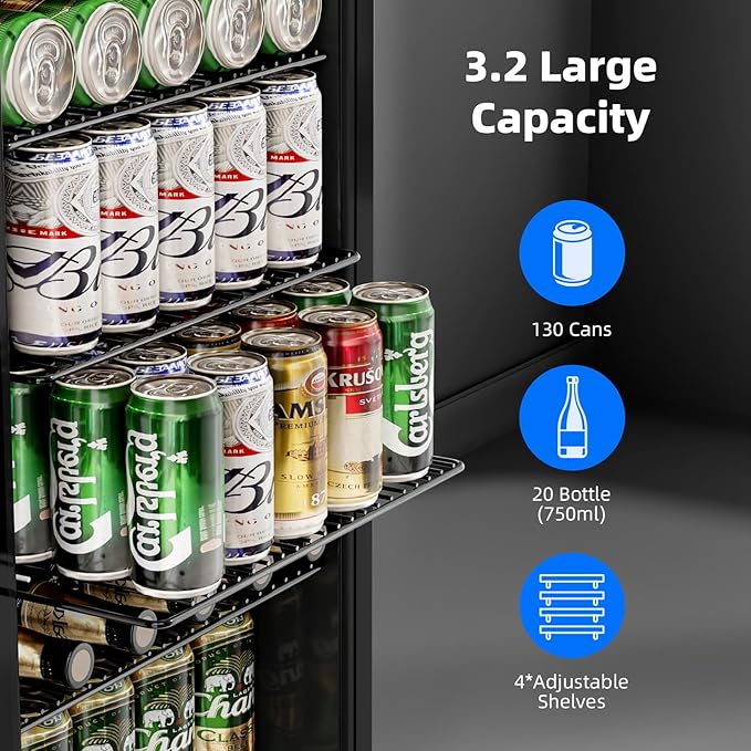 Antarctic Star Mini Fridge -130 Can Beverage Refrigerator for Soda Beer or Wine, Stainless steel door frame, for Office or Bar with Adjustable Removable Shelves, Silver, 3.1 Cu.Ft