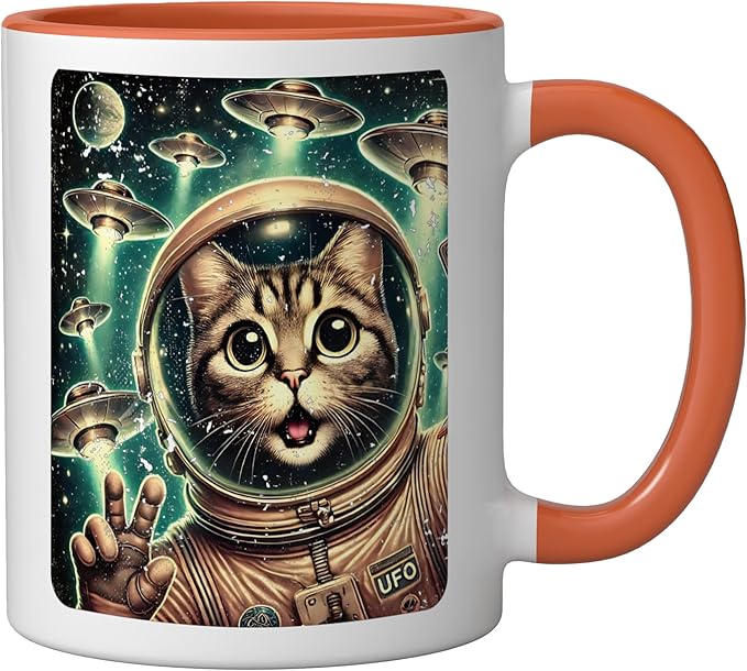 Space Cat Astronaut UFO Funny Sci-fi Alien Selfie Ceramic Mug, Orange/White