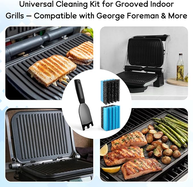 2-Pack Cleaning Sponge 12207 and 1-Pack Grill Scraper for George Foreman Grill, Kitchen Sponges and Scraper Compatible with Most Other Indoor & Outdoor Grills with Grooves and Sandwich Makers
