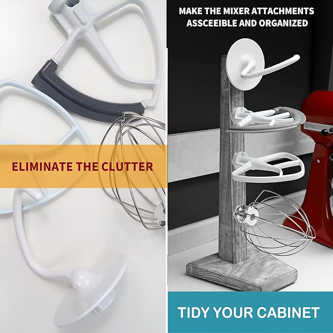 Besuerte Stand Mixer Attachment Holder, Wooden Counter Stand Holder with 4-pack Plastic Hangers Kitchen Accessories Storage Organizer Compatible with Kitchenaid Mixer Attachments for Space-saving