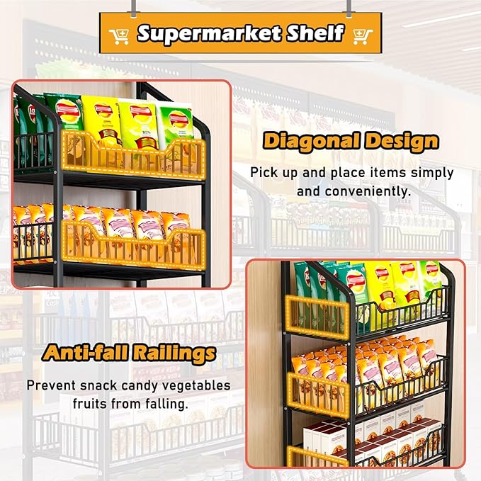 5-Tier Snack Shelf Organizer with Guardrail - Commercial Storage Rack for Fruits, Vegetables, Chips, Candy & Party Food Display - Retail & Wholesale Store Fixture with Hooks (Black)