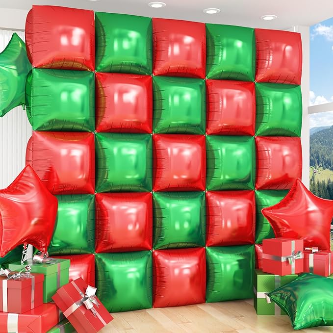 Red Green Square Foil Balloon Wall,25Pcs Double Sided Balloon Backdrop Helium Balloons Tunnel Arch Garland Kit for Christmas Birthday Anniversary Party Decorations