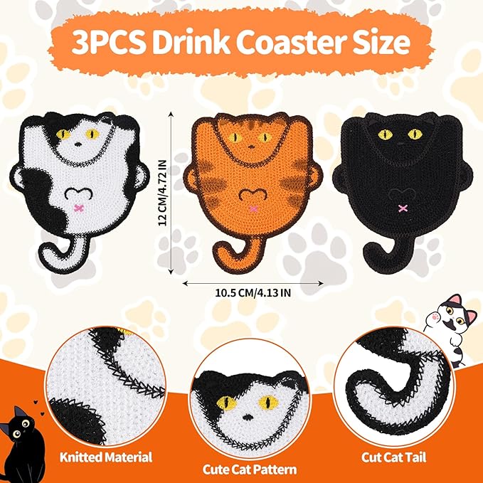 Drink Coaster, 3 PCS Cute Cat Coasters with Woven Knitted Crochet, Gifts for Cat Lovers, Coffee Tea Cup Home Decor Tabletop Protection Suitable for Cups, Black, White and Orange