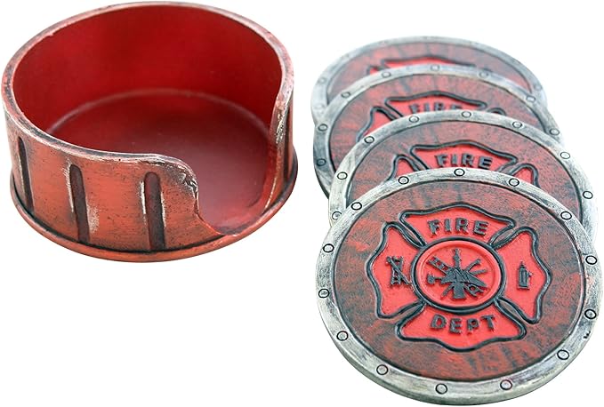 Pine Ridge Fire Department Set of 4 Coasters with Rubber Pad Base and Holder - Volunteer Fireman Fire Fighter Gift Ideas - Beautiful Polyresin Made Firefighter Symbol Display Items
