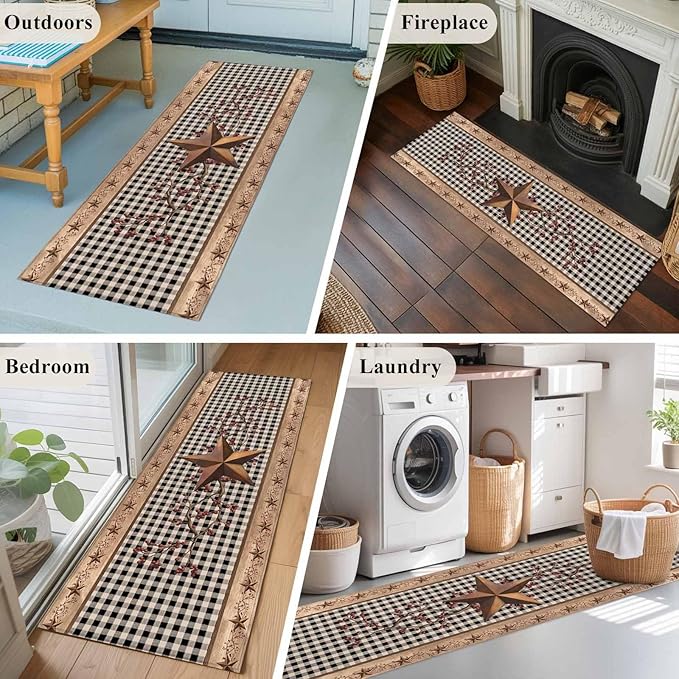 Brown Texas Star Retro 2x6 Kitchen Runner Rug, Country Star Non-Skid Rubber Backing Large Rectangle Rugs - Living Room Bedroom Home Office, Black White Plaid Wood Indoor Floor Mat Carpets Washable Rug