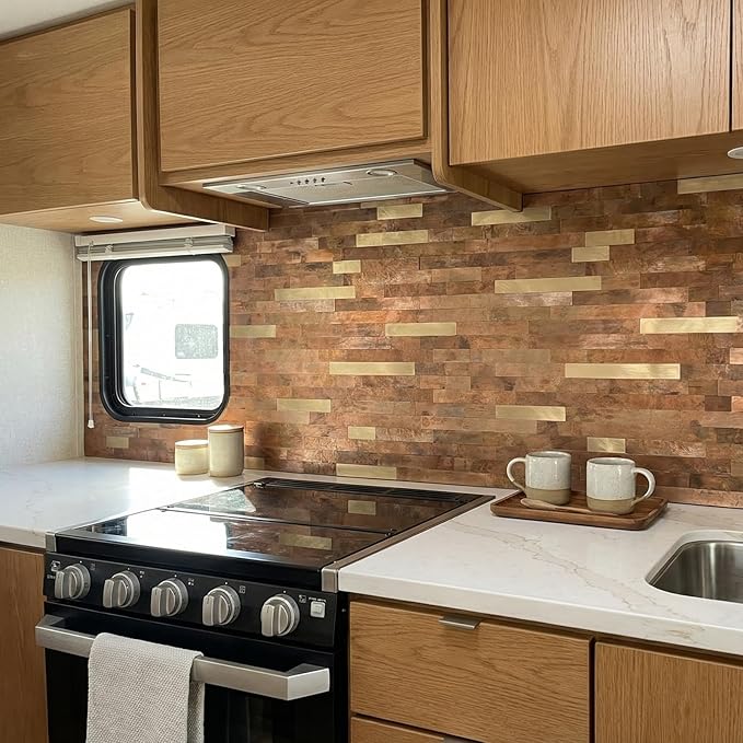 Yipscazo Peel and Stick Stone Metal Backsplash, Stick on Tiles for Backsplash Kitchen (20 Pack, Copper)