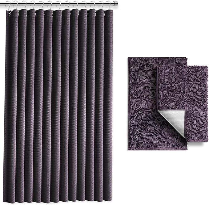 Clara Clark Purple Shower Curtain Set with Rugs - Bathroom Sets with Shower Curtain and Rugs, Fabric Shower Curtains and 2 Bath Mats, Modern Bathroom Shower and Curtain Sets for Tub Or Stall