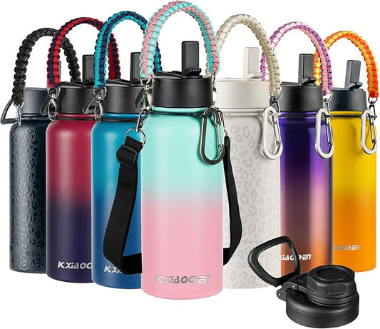 KXIAOCHEN Insulated Water Bottle, Stainless Steel Water Bottle, 2 Lids (Straw and Handle Lid),Wide Mouth Metal Water Bottles Keep Hot and Cold, Double Walled, Thermo Mug, Metal Canteen