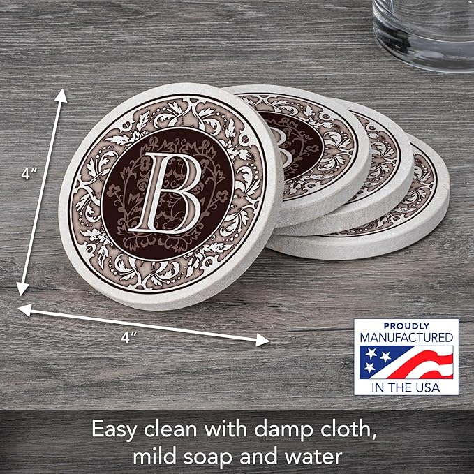 Thirstystone Monogram Letter B Absorbent Sandstone Coaster 4-Pack Made in The USA Decorative, Absorbent, Easily Wipes Clean
