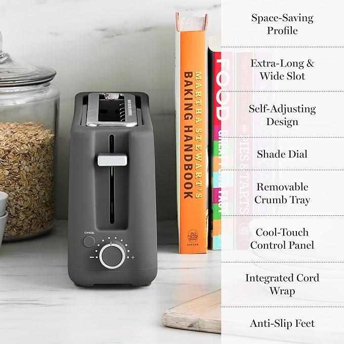 Martha Stewart 2 Slice Long Slot Toaster, Extra Wide for Sourdough & Bagels, 10 Setting Shade Control, Removable Crumb Tray, Self-Centering Design, Defrost/Reheat, Cancel, Slim Space-Saving, Caviar