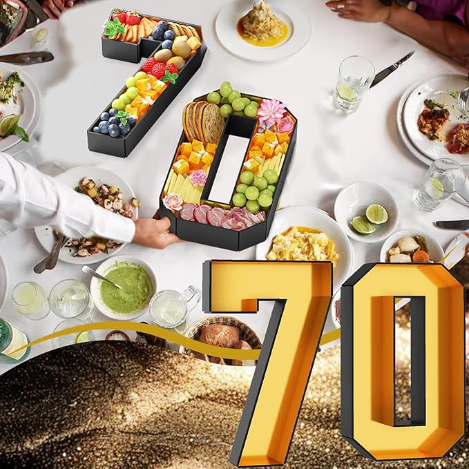 70 Cardboard Numbers for Charcuterie Fillable 13.8'' Black Gold Paper Mache Number Shaped Cupcake Pans Board Box Trays Container for Food Candy 70th Birthday Party Decorations Anniversary
