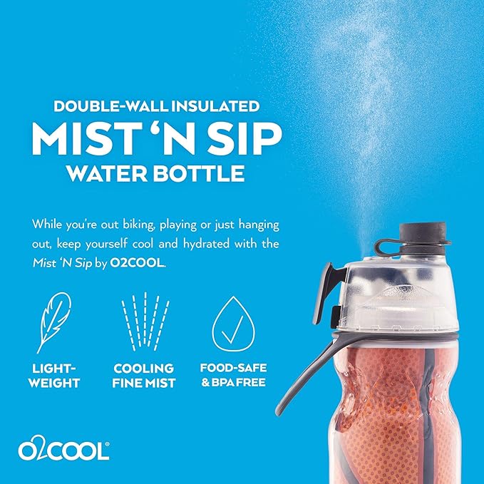 O2COOL Mist 'N Sip Misting Water Bottle 2-in-1 Mist And Sip Function With No Leak Pull Top Spout Reusable Sports Water Bottle - 20 oz (2 Pack Basketball)