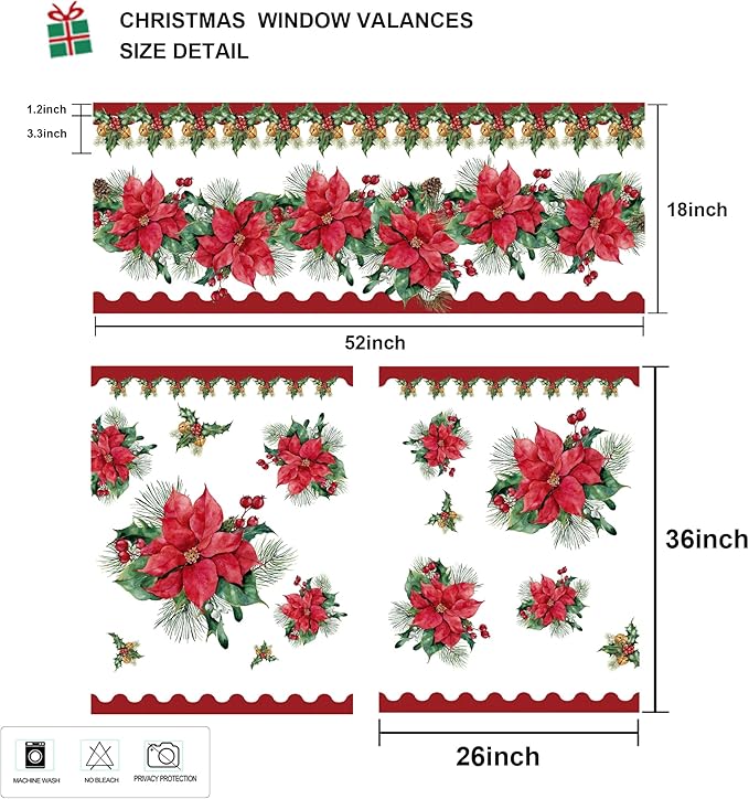 Christmas Poinsettia Curtain Valances Set, Red and Green Rod Pocket Festive Xmas Decor for Kitchen, Bedroom, Bathroom, Laundry Short Curtains 52Lx18W inch 36Lx26W inchx2, 3 Panel Set