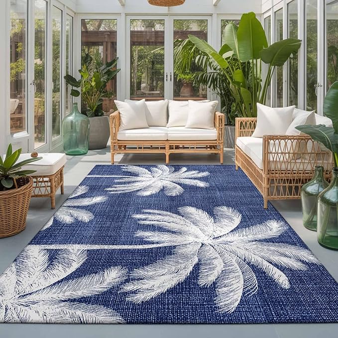 Area Rug 3x5ft, Coastal Palm Trees on Blue Washable Rugs for Living Room Bedroom, Minimalist Tropical Leaves Soft Non-Slip Area Rugs Rectangle Floor Carpet for Dining Room
