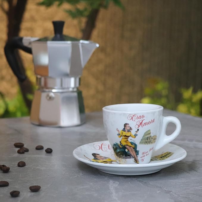 Lorren Home Porcelain Espresso Cups and Saucers, Vespa Scene Design, 3 Oz, Set of 6