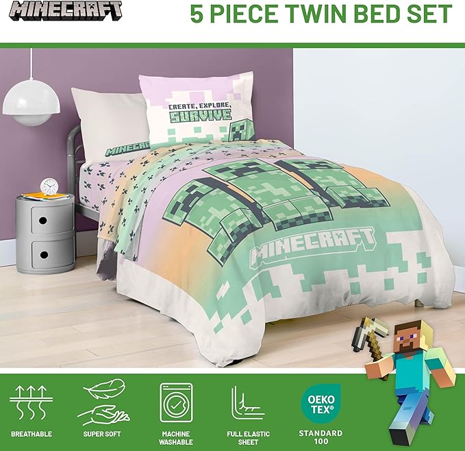Minecraft Creeper Twin Comforter Set - 5 Piece Bedding Includes Sheet Set & Pillow Covers - Super Soft Pink & Green Kids Bedding