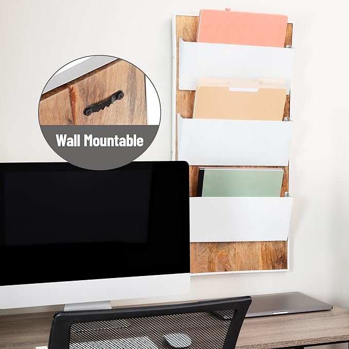 Mind Reader 3-Tier Wall-Mounted File Organizer, Wood and Metal Vertical Rack for Mail, Magazines, and Documents, Metal, Wood, White