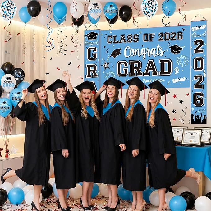 Graduation Decorations Class of 2026 Set - Sky Blue Themed Congrats Grad Banner & Backdrop, Hanging Swirls, Porch Sign, Balloons, Foil Number 2026 for High School & College Celebrations