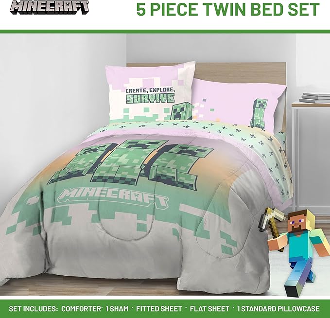 Minecraft Creeper Twin Comforter Set - 5 Piece Bedding Includes Sheet Set & Pillow Covers - Super Soft Pink & Green Kids Bedding