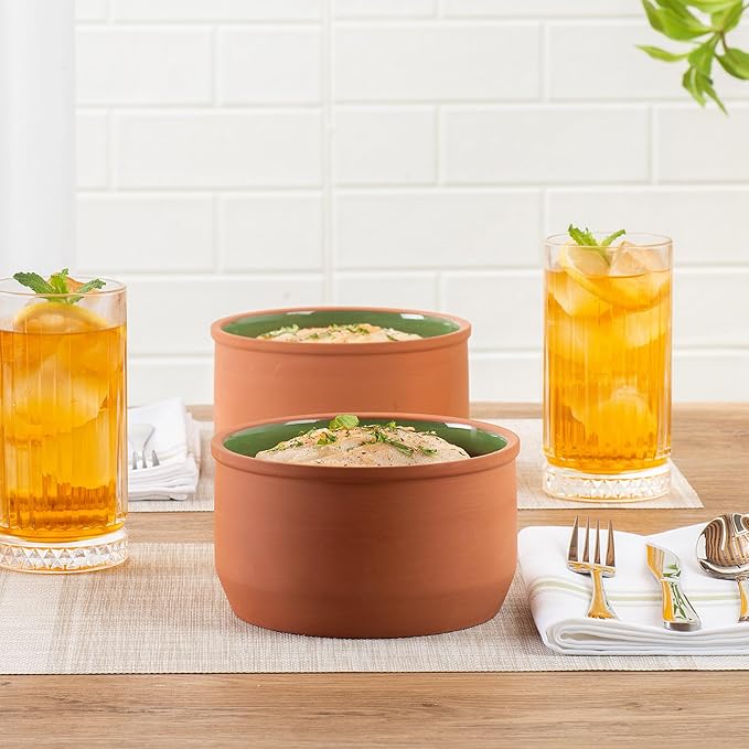 Restaurantware-Terra Tek 34 Ounce Terracotta Cazuelas, 2 Green Glazed Clay Pots For Cooking - Oven-Ready, Microwavable, Terracotta Serving Pots, Dishwashable, For Cooking And Serving