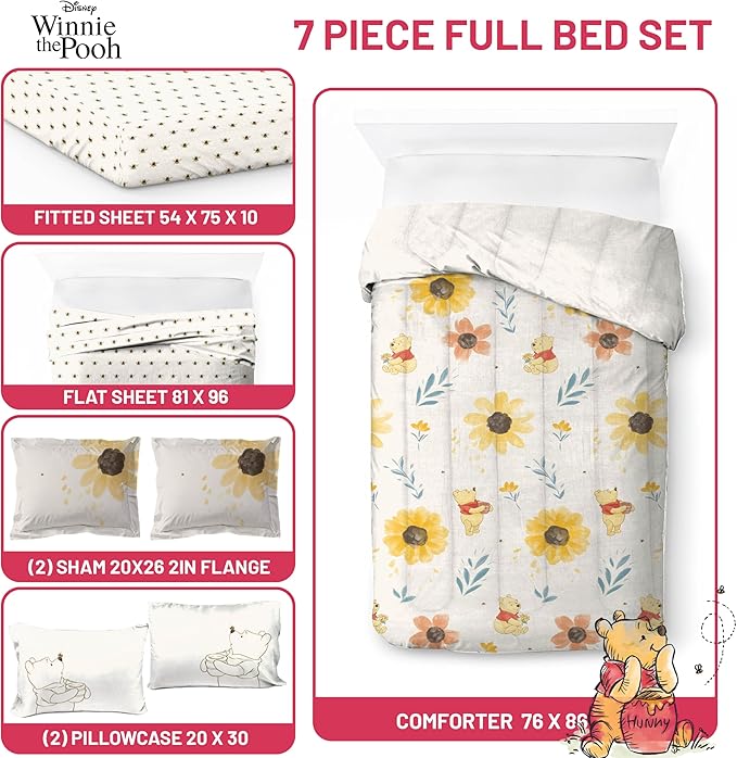Jay Franco Disney Winnie The Pooh Full Sized Comforter Set - 7 Piece Bedding Includes Sheet Set & Pillow Covers - Super Soft Cozy Floral Bedding