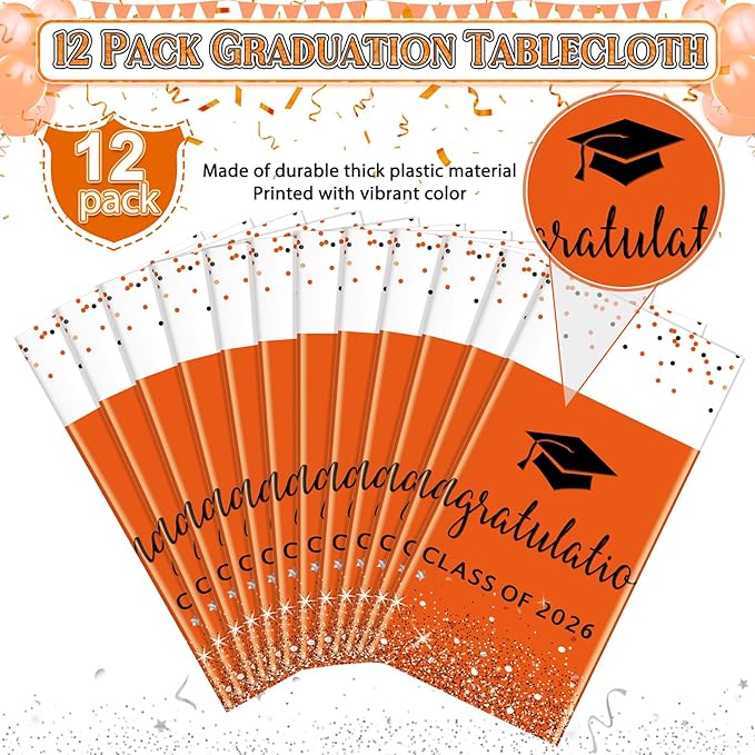 12 Pack Class of 2026 Graduation Tablecloths,Foil Dot Plastic Disposable Rectangle Table Covers for 2026 High School University College Graduation Party Decorations,108*54 Inch (Orange and Black)