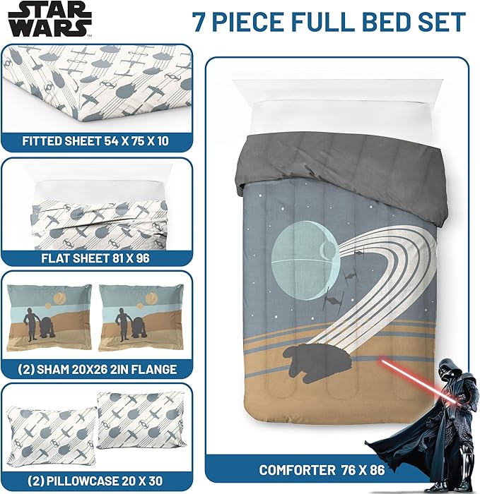 Jay Franco Star Wars Full Size Comforter Set - 7 Piece Bedding Includes Sheet Set & Pillow Covers - Super Soft Cozy Bedding with Death Star and Millennium Falcon