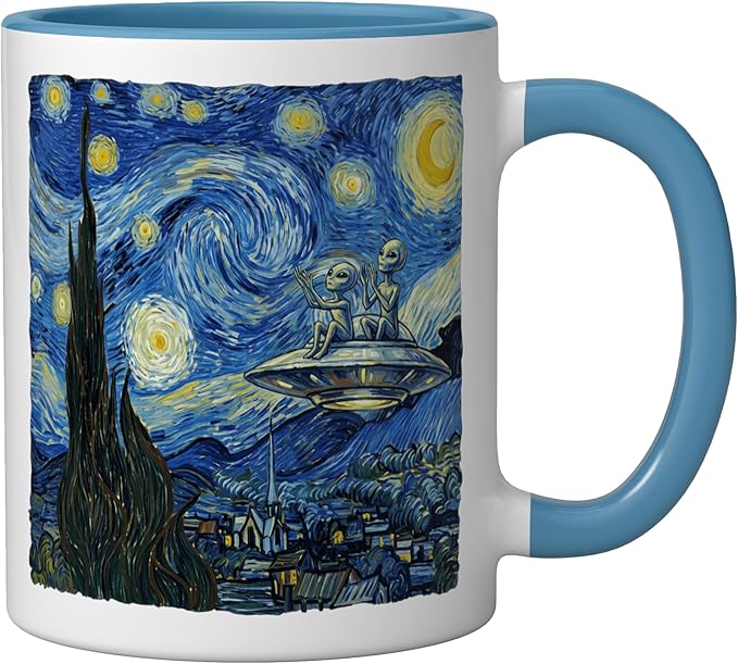 Aliens Saucer UFO Extraterrestrial Fun Starry Night Van Gogh Ceramic Mug, Blue/White