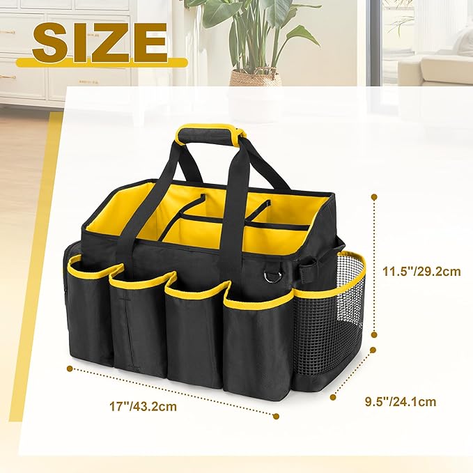 PGmoon Extra-Large Cleaning Caddy Organizer with Handle, Cleaning Supplies Tote Bag Built-in Support Boards, Cleaning Tool Organizer for Cleaners, Housekeepers, Kitchen Cleaning Supplies