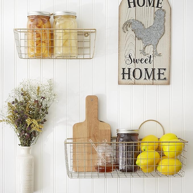 DII Farmhouse Vintage Decor, Wire Wall Basket, Assorted, Gold, 2 Piece