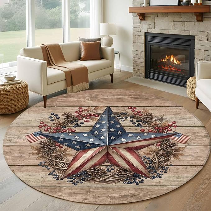 Washable Round Area Rug Independence Day USA Flag Star Circle Rugs Floor Carpet for Living Room Bedroom, Farm Wood Background Soft Non Slip Round Rug 5ft