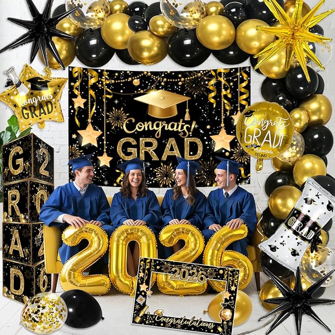 2026 Graduation Decorations Class of 2026 Black and Gold Congrats Grad Balloons,Banner,Backdrop,Photo Booth Props,Cards Boxes Kit for Graduation Party Decorations in Indoor or Outdoor (Graduation)