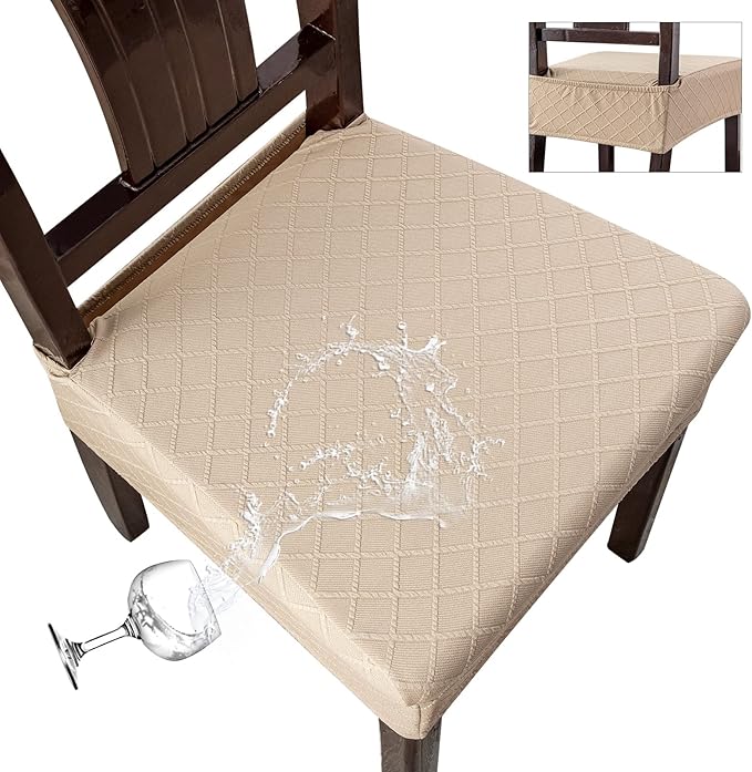 Genina Waterproof Seat Covers for Chairs,Set of 2 Dining Room Chair Seat Covers for Kitchen,Stretch Jacquard Removable Washable Dining Chair Slipcovers Protectors with Rear Covers, Khaki