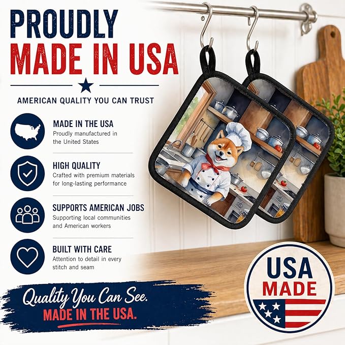 Caroline's Treasures Shiba Inu The Chef Pair of Pot Holders Kitchen Heat Resistant Pot Holders Sets Oven Hot Pads for Cooking Baking BBQ, 7 1/2 x 7 1/2