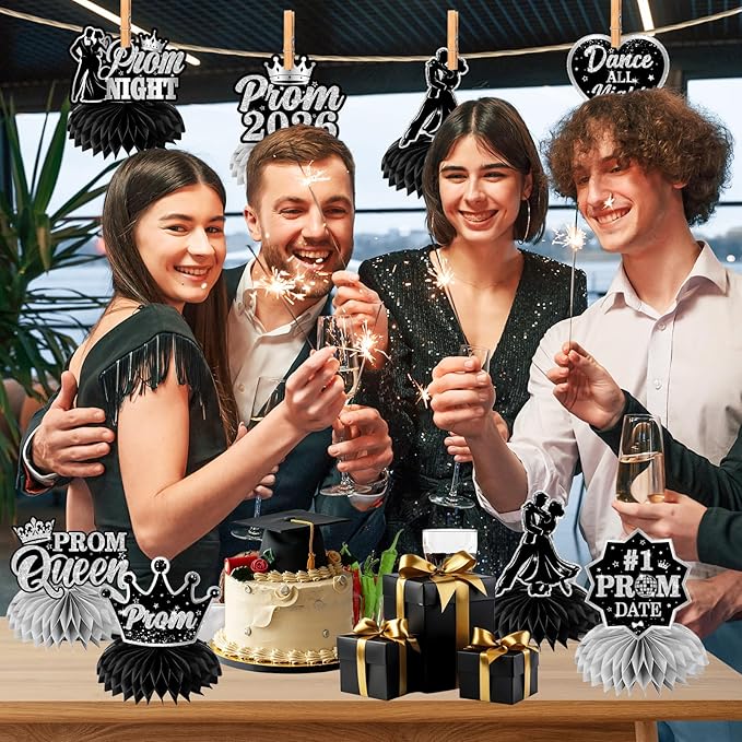Prom Decorations 2026 Honeycomb Centerppieces, 12Pcs Black and Silver Prom Centerpieces for Table Prom Night Table Decorations High School College Graduation Celebration Prom Party Favors