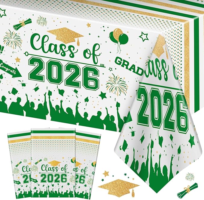 Graduation Decorations Class of 2026 Tablecloth - 3 Pcs Plastic Congrats Grad Table Cloth, Graduation Table Cover for Graduations Party Decorations 2026 and Party Supplies, 54"x108" (Green and Gold)