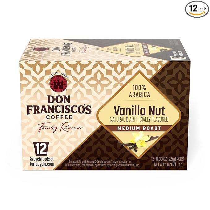 Don Francisco's Vanilla Nut Flavored Coffee Pods, 12 Count, Medium Roast, Compatible with Keurig Brewers