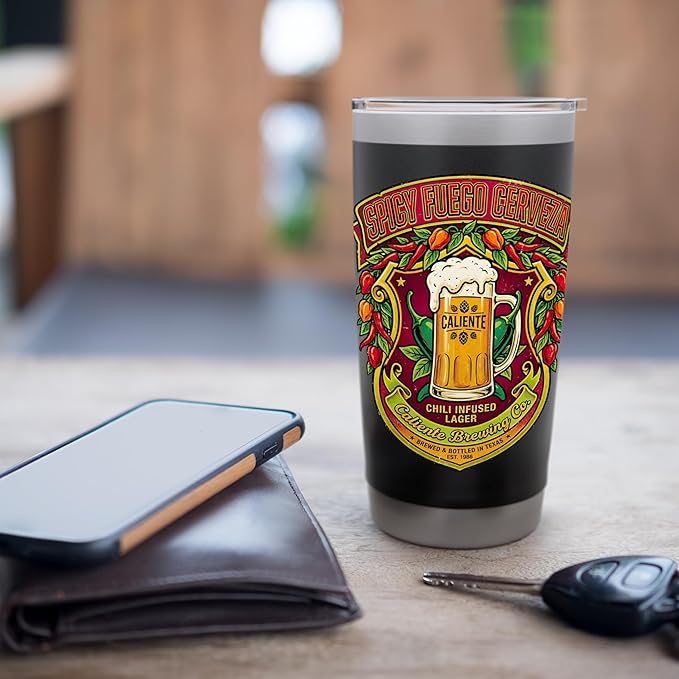 Spicy Fuego Cerveza Chili Texas Drinking Vintage Beer Label Stainless Steel Insulated Tumbler