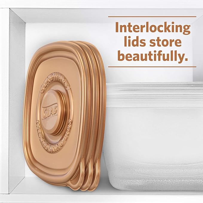 Glad GladWare Home Collection Tall Entree Food Storage Containers with Copper Metallic Lids, Large Square No BPA Plastic for Meal Prep and Lunches, Lock Tight Seal, 42 Oz, 3 Count - 6 Pack