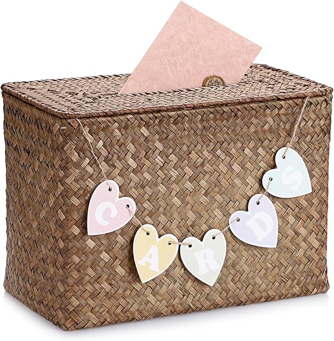 Hipiwe Wedding Card Basket Box Handwoven Wedding Favors Post Boxes with Lid Seagrass Receiving Box Wedding Card Boxes for Birthdays Graduation Ceremonies Party, Coffee Color