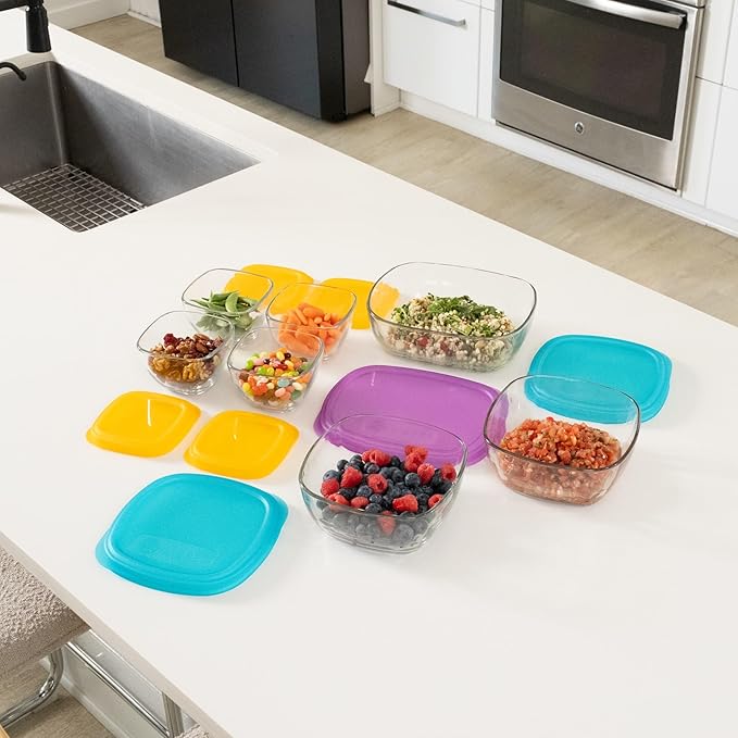 Libbey Serve It 14 Piece Glass Storage Container Set with 2 Cup, 6 Cup, and 8 Cup Bowls and Multi Color Lids